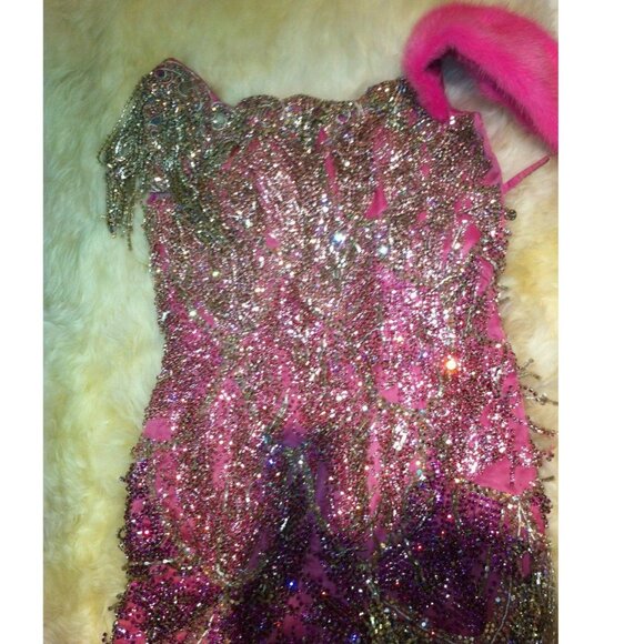 Glamorous Couture Swarovski Crystals Luxurious Fringes Mink Fur Wrap Dress Gown - Picture 10 of 15